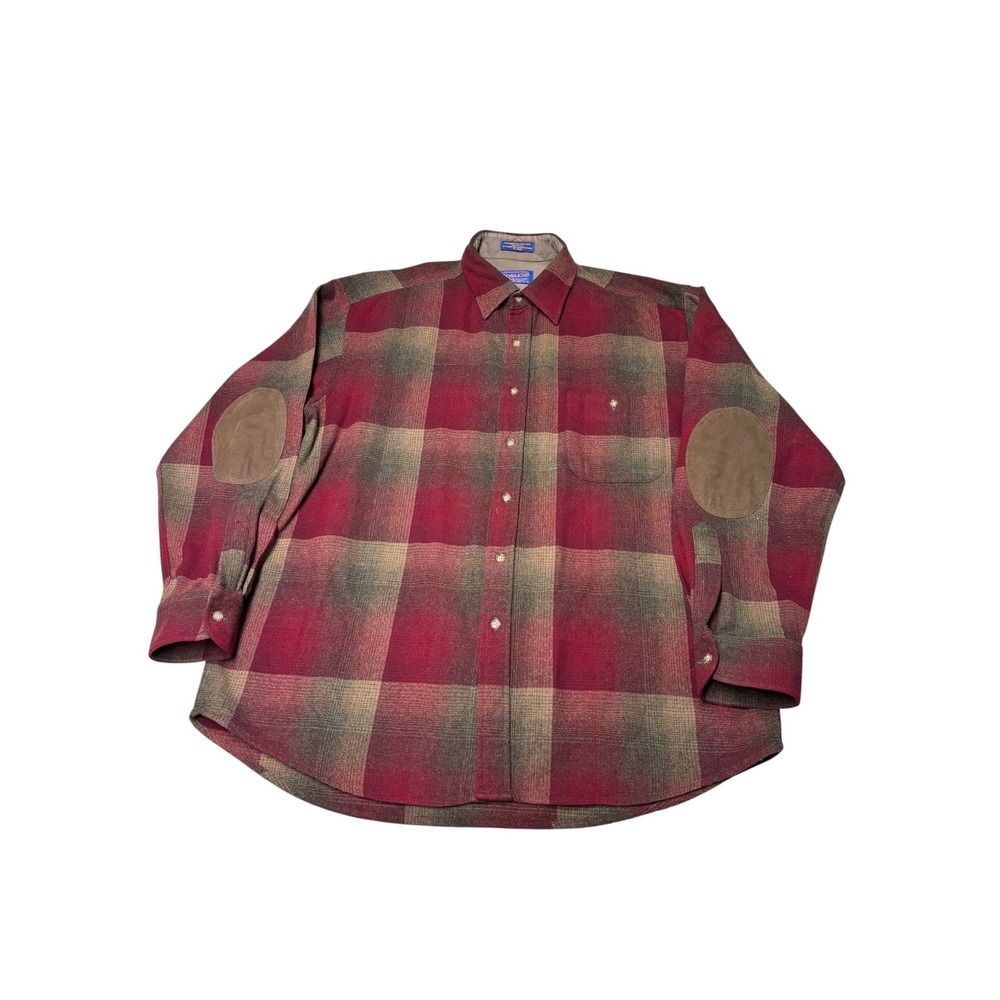 VINTAGE Pendleton Wool Board Shirt Large Red Shadow Plaid Elbow Patches Mens L